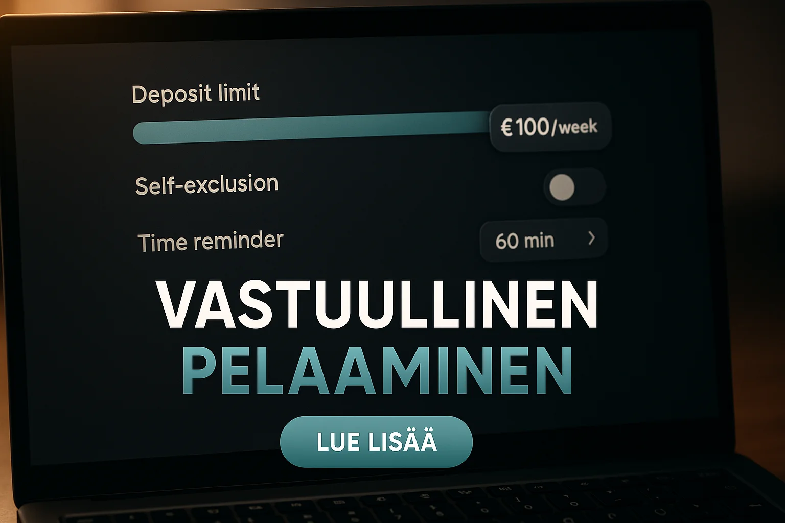 Laajakuva suomalainen kasinobanneri vastuullisen pelaamisen asetuksilla ja Lue Lisää -painikkeella