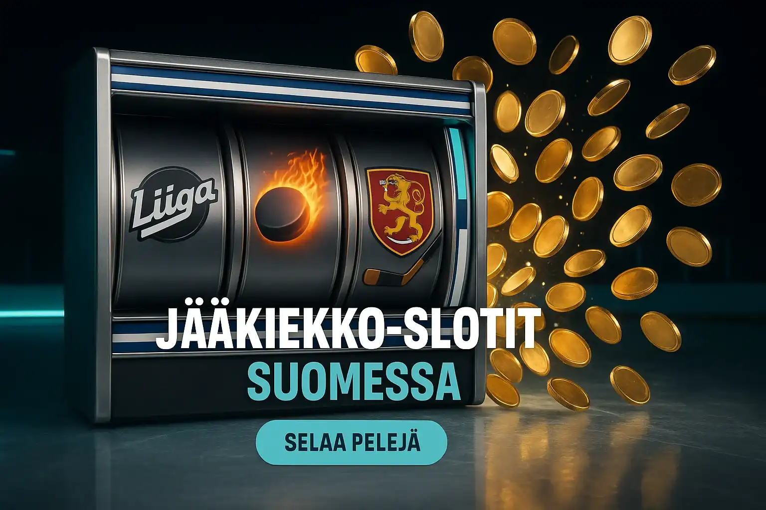 SM-liiga jääkiekkoaiheinen kolikkopelibanneri, neonvalot, kultakolikot ja suomenleijona