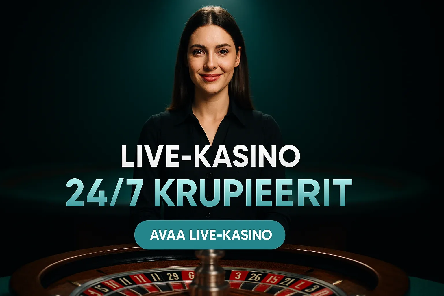 Fotorealistinen live-kasino banneri, naisdiileri rulettipöydän äärellä, 24/7 krupieerit