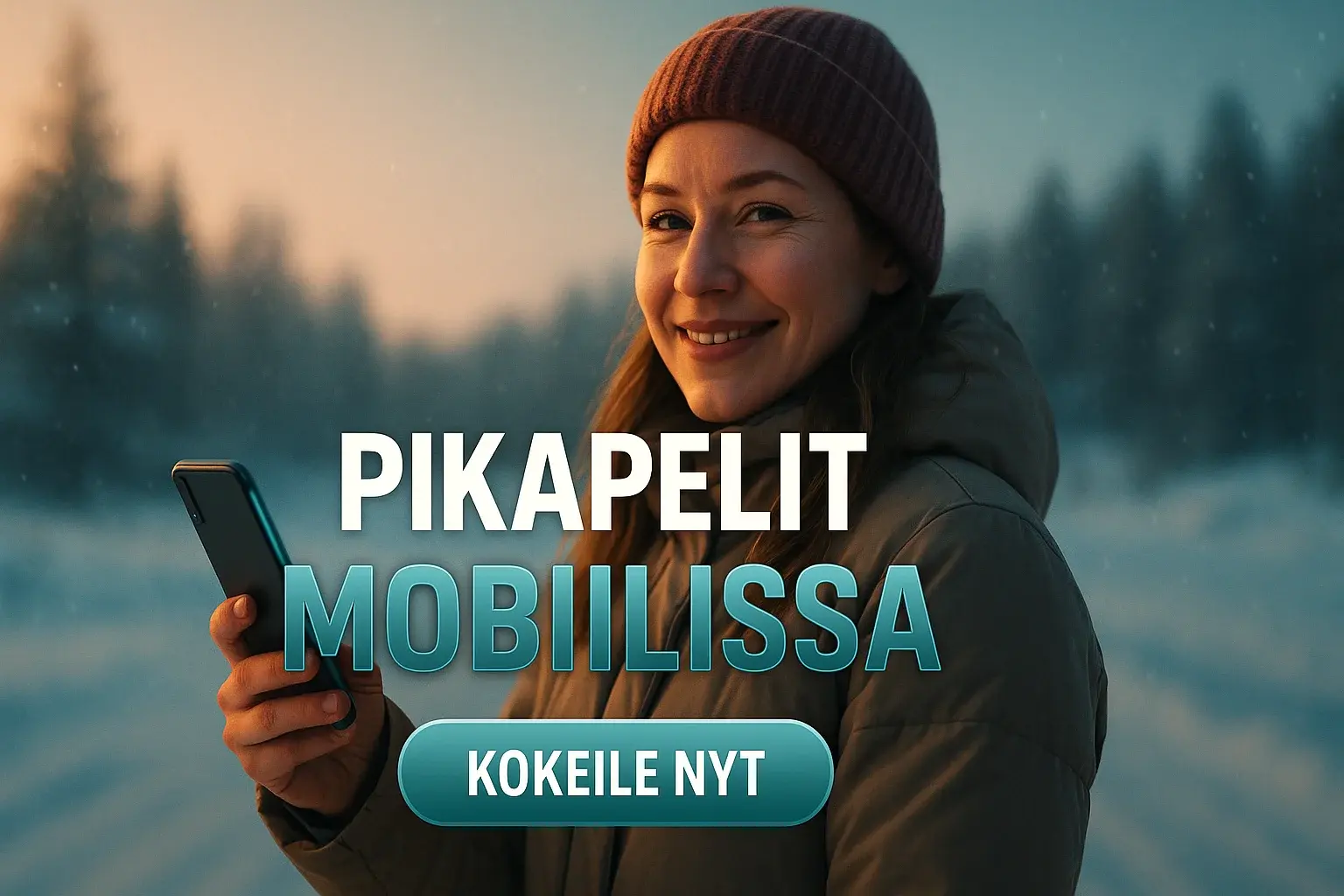 Fotorealistinen suomalainen kasinomainosbanneri talvella, nainen pitelee älypuhelinta