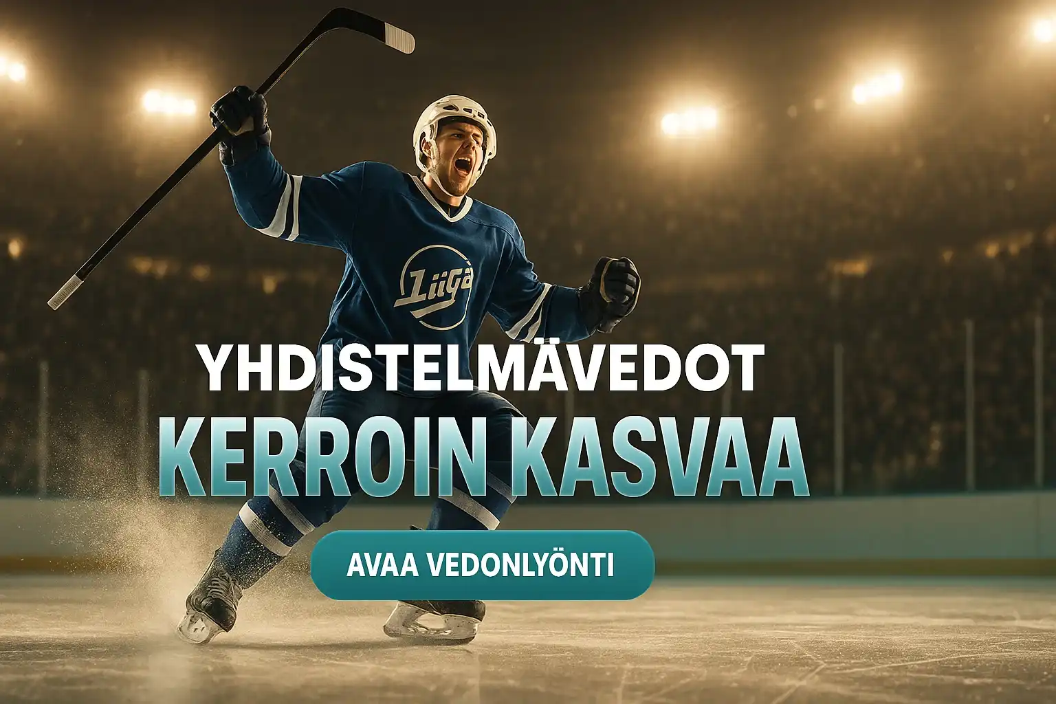 Suomalainen jääkiekkoilija juhlii maalia, vedonlyönti banneri ja CTA-painike